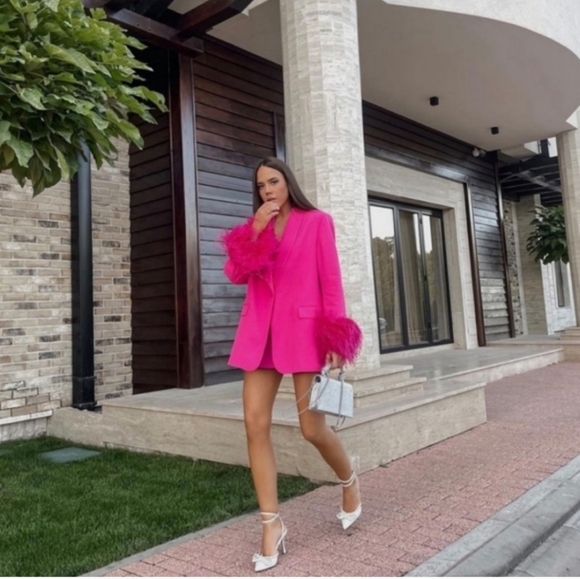 Zara Pink Feather Cuff Blazer Size S - Picture 10 of 14